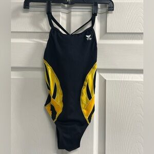 TYR Girls 26 Durafast Elite Phoenix Splice Diamondfit Swimsuit Black Yellow EUC
